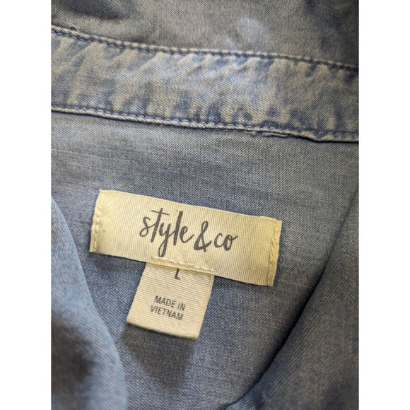 Style & Co Women's Lyocell Chambray Button Up Shirt Blue Roll Tab Sleeve Large - Picture 5 of 9